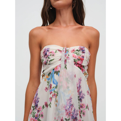 Women's floral strapless mini dress with ruched bodice and ruffled hem