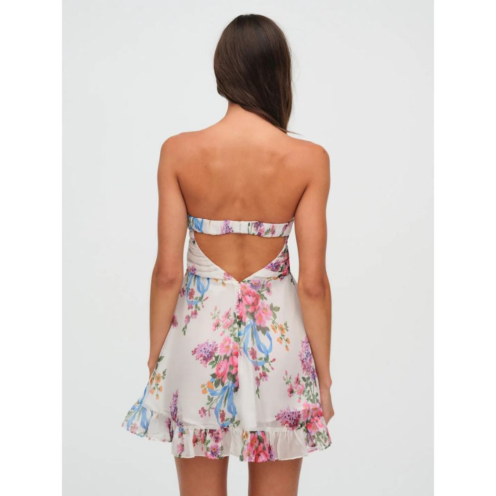Women's floral strapless mini dress with ruched bodice and ruffled hem