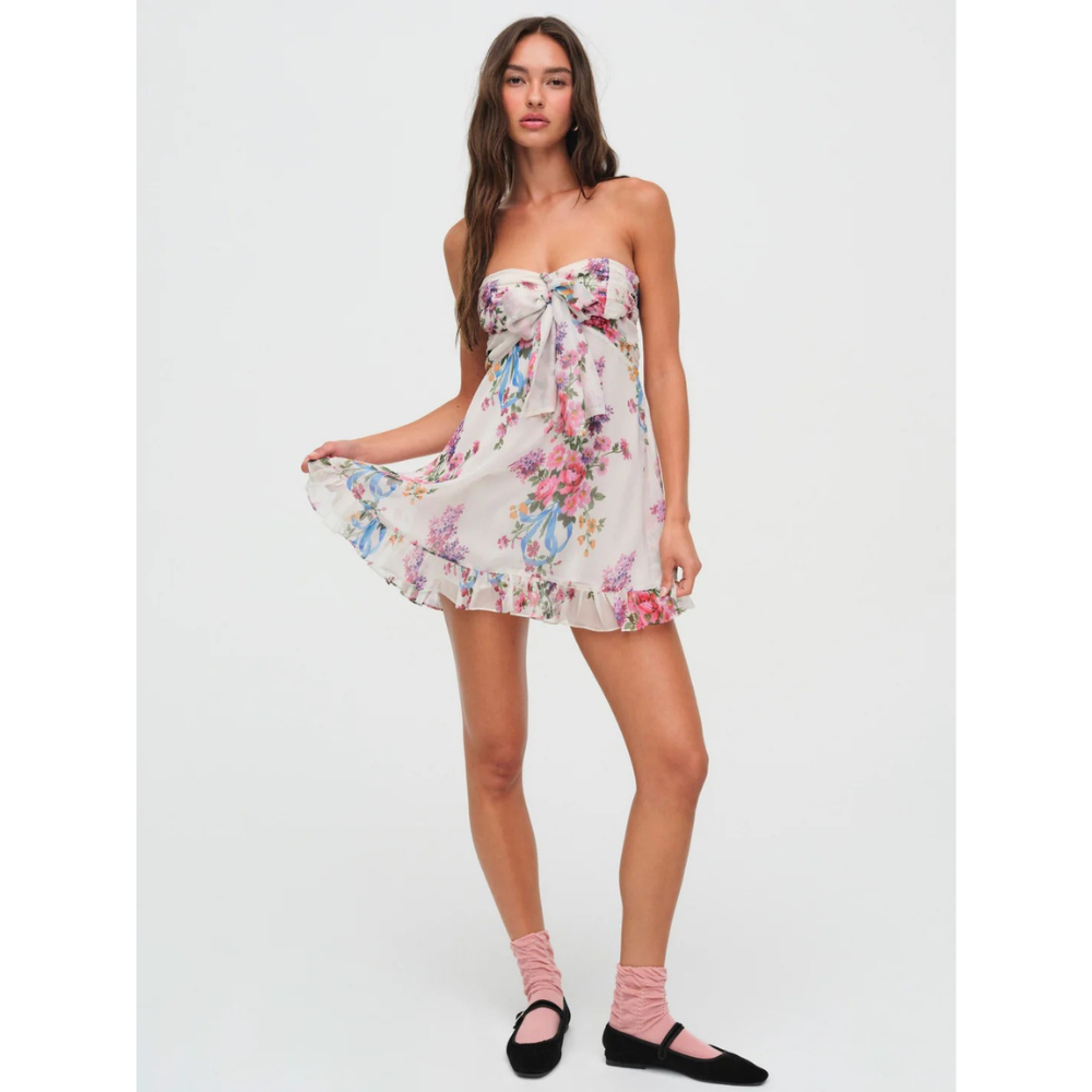Women's floral strapless mini dress with ruched bodice and ruffled hem