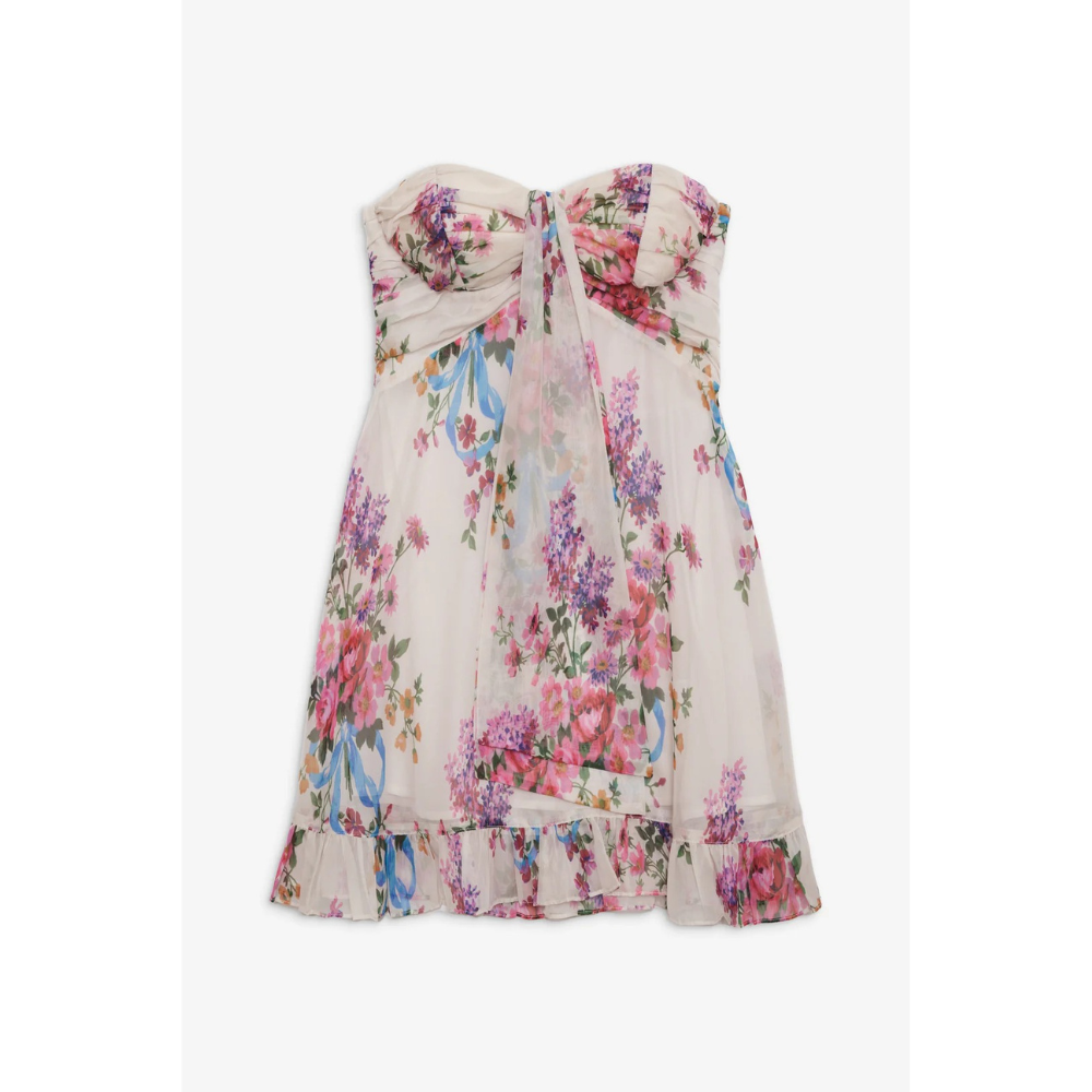 Women's floral strapless mini dress with ruched bodice and ruffled hem