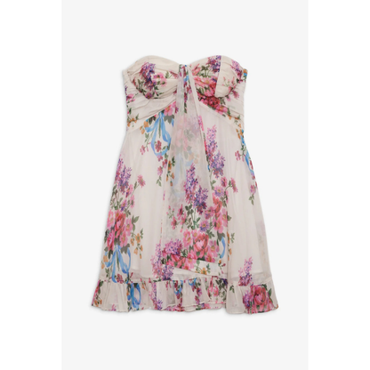 Women's floral strapless mini dress with ruched bodice and ruffled hem