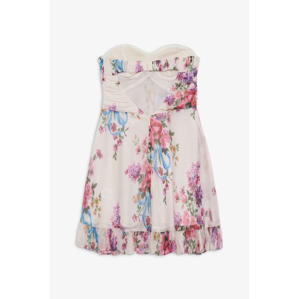 Women's floral strapless mini dress with ruched bodice and ruffled hem