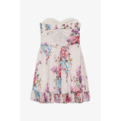 Women's floral strapless mini dress with ruched bodice and ruffled hem