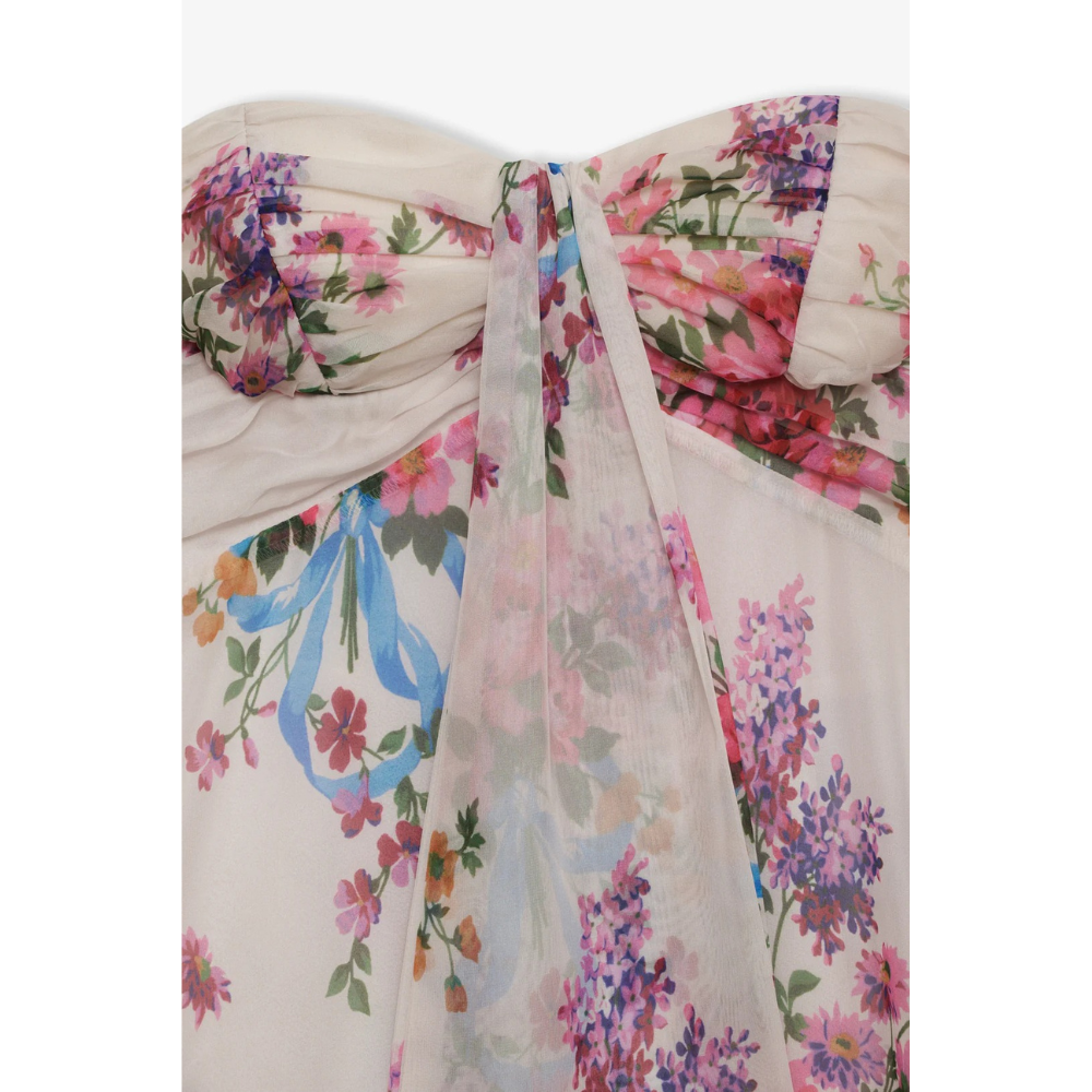 Women's floral strapless mini dress with ruched bodice and ruffled hem