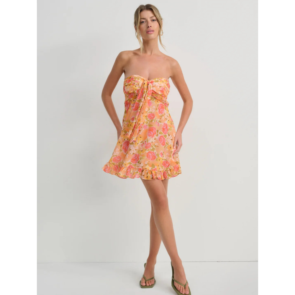 Women's floral strapless mini dress with ruched bodice and ruffled hem