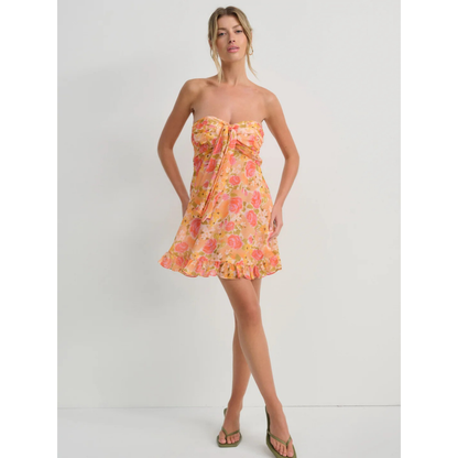 Women's floral strapless mini dress with ruched bodice and ruffled hem