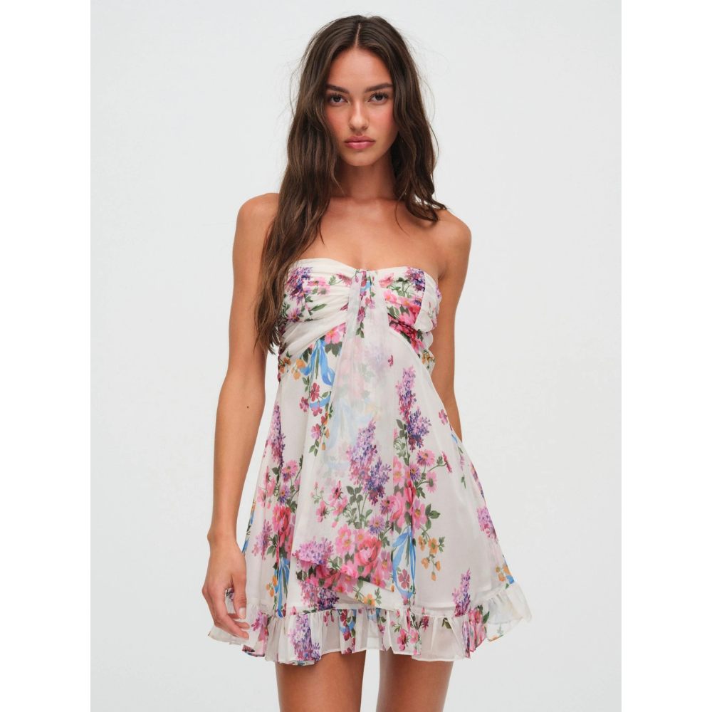 Women's floral strapless mini dress with ruched bodice and ruffled hem