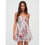 Women's floral strapless mini dress with ruched bodice and ruffled hem