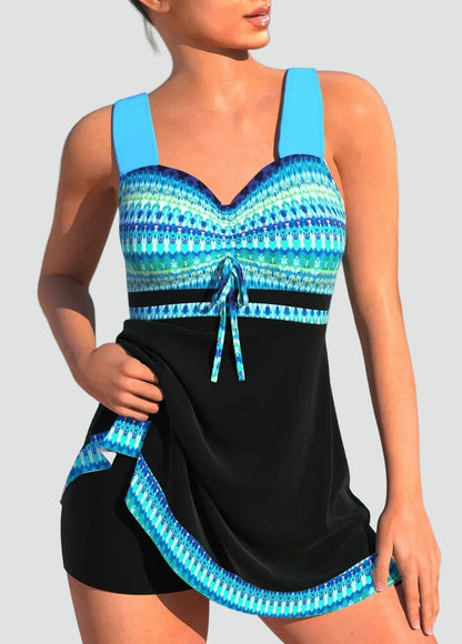Women's geometric one-piece swimsuit with sweetheart neckline, wide straps and tie-front detail